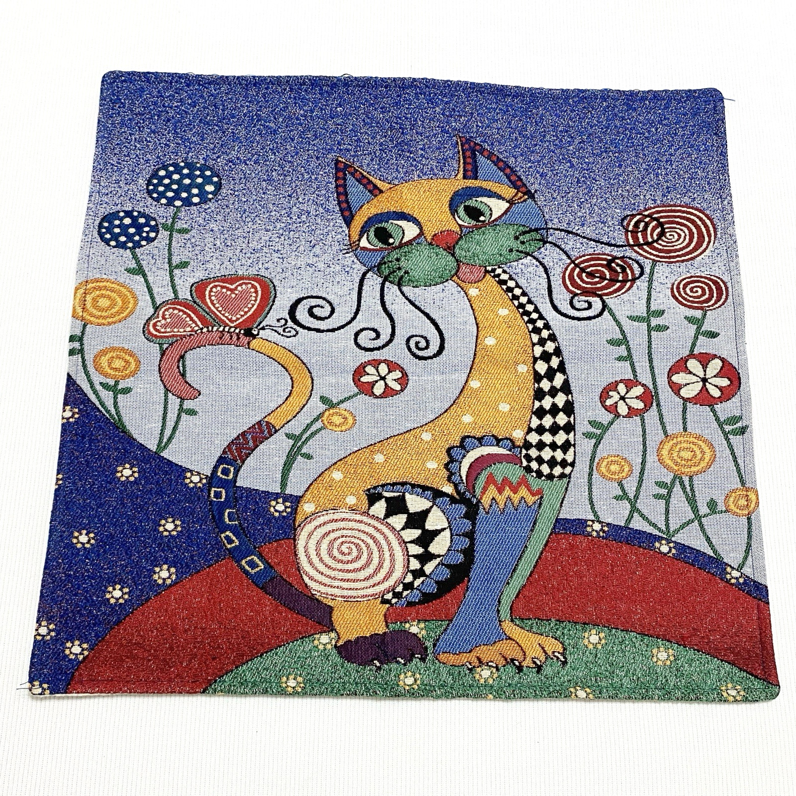 Whimsical Colorful Cat Vintage Style Tapestry Pillow Case Cover 16.75” x 16.25”