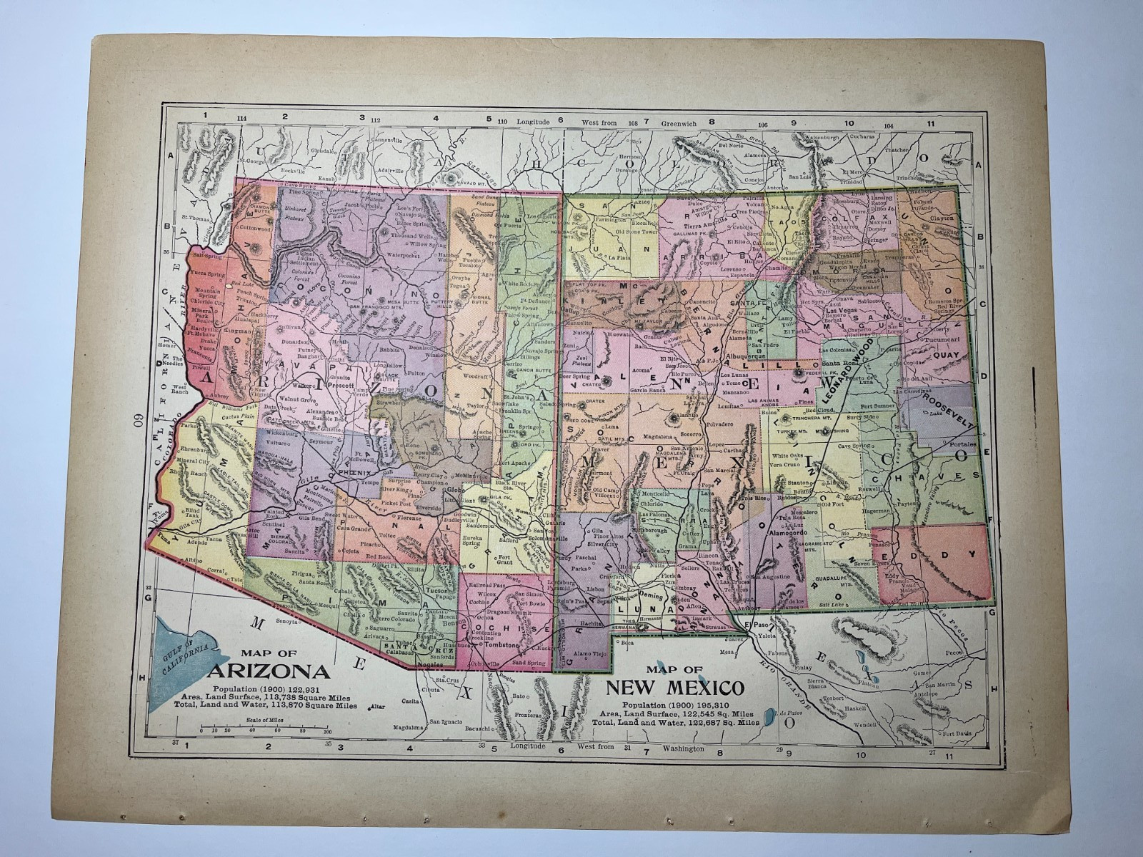 1903 ARIZONA & NEW MEXICO State Map Fm 1903 Peerless World Atlas SEE DESCRIP