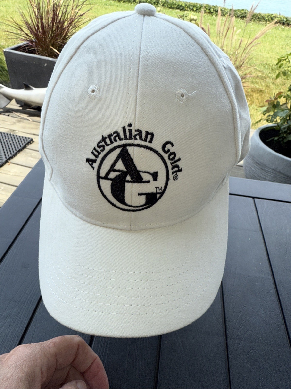 Australian Gold & Logo in Black on White Hat Cap Strap Buckle Brush Cotton