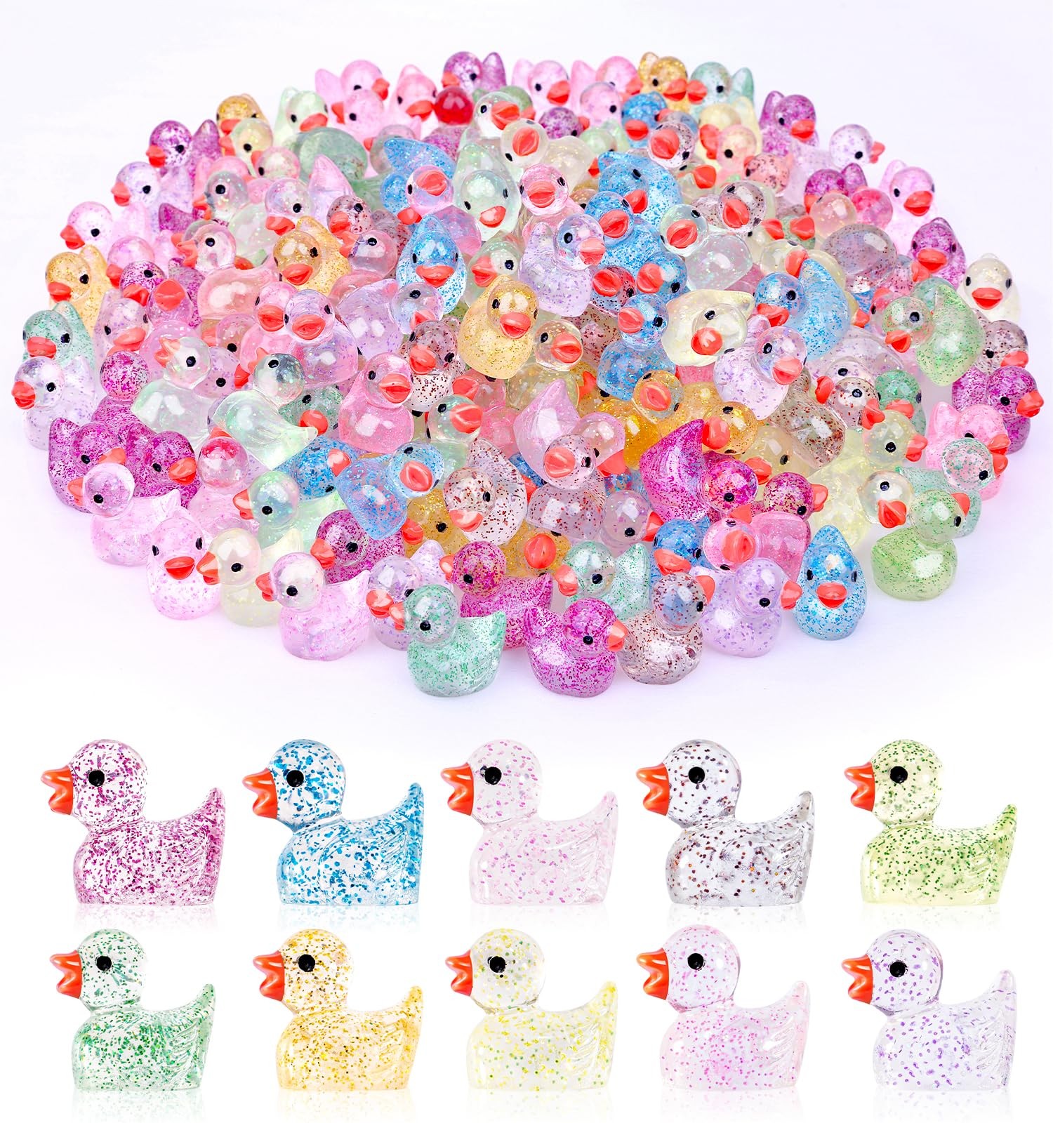 100pcs Mini Colorful Glitter Resin Ducks, Tiny Duck Miniature 