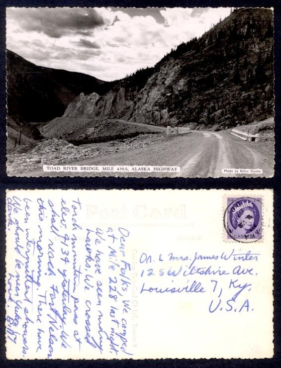 CANADA 1957 TOAD RIVER BRIDGE ALASKA HIWAY REAL PH PPC TO USA