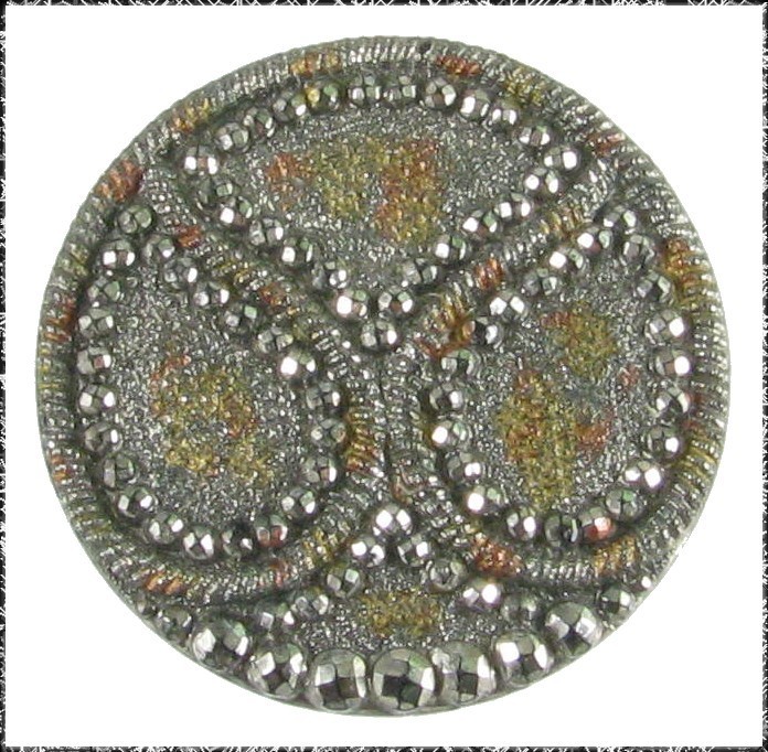 Antique Black Glass Button, Imitation Fabric Texture, Faceted, Silver Luster