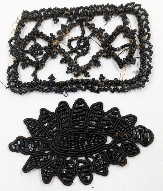 Mourning Beaded Trim Applique Antique Vintage Victorian 2pc Damaged BB90-101