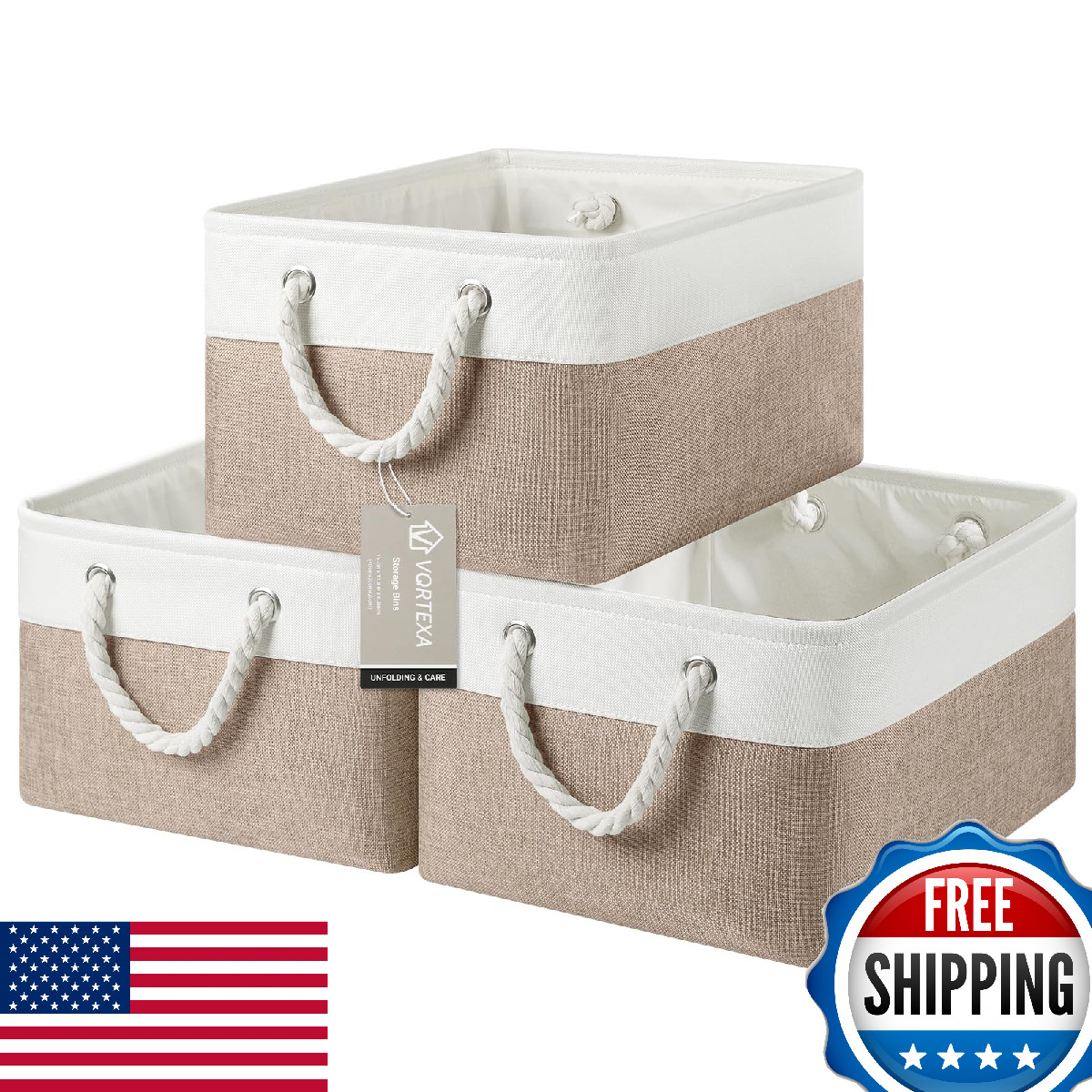 VQRTEXA 3-Pack Large Foldable Fabric Storage Baskets 15.7x11.8x8.26 Inches