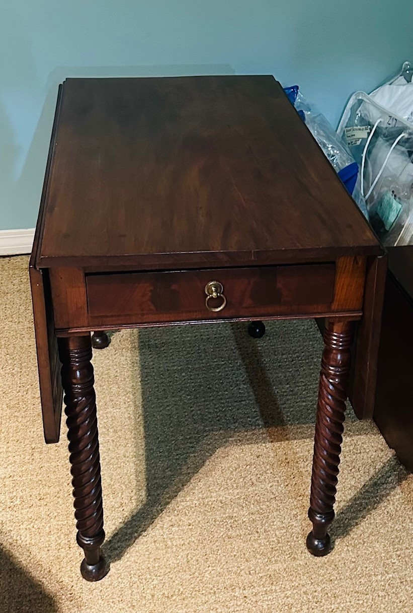 Antique 19th c English Pembroke Mahogany Drop Leaf Table w Rope Carved Legs