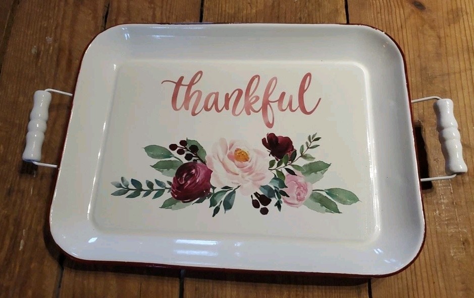 NEW Floral Roses "Thankful" Serving Tray W/ Handles Decor Fall Spring MINT Home