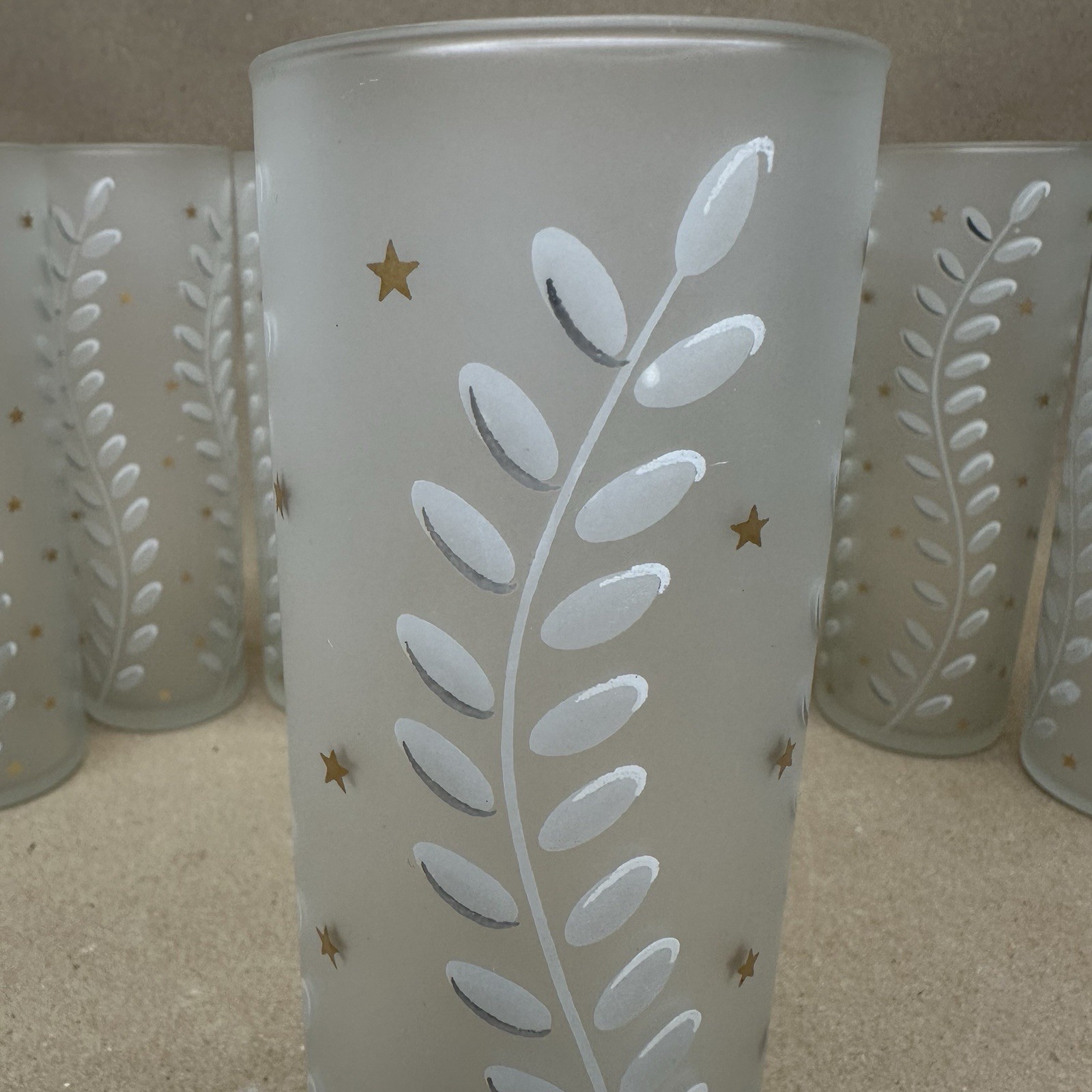 7 Libbey Tom Collins Zombie Frosted Glasses Ferns & Gold Stars 12oz Vintage 