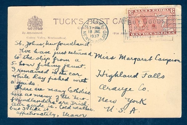 NEWFOUNDLAND #234 SINGLE CODROY VALLEY PPC 18 JUNE 1937 TO USA