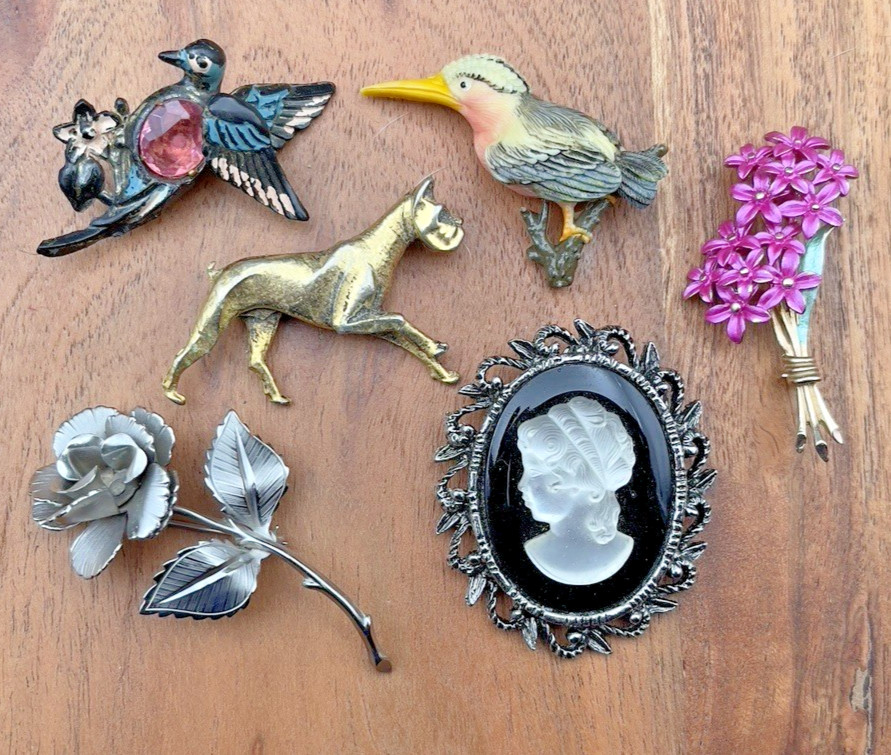 Vtg Pin Lot 6 MCM Gold & Silver Tone Metal Pins Celluloid Plastic Bird Dog Cameo