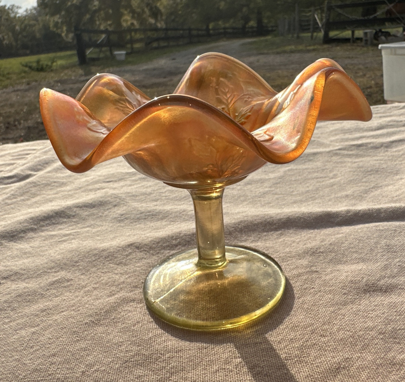 Vintage FENTON Carnival Glass HOLLY Compote in UV Reactive Vaseline