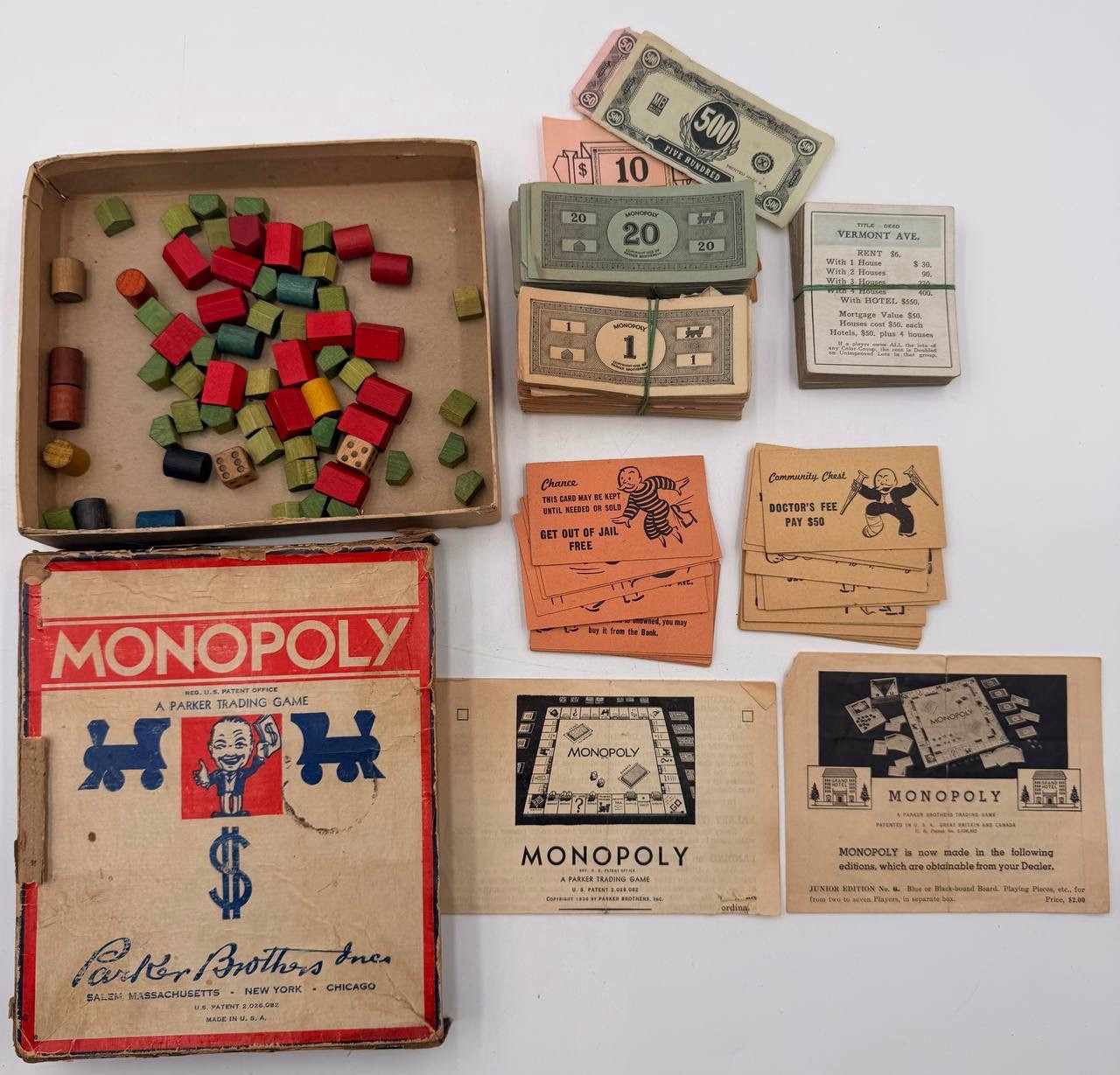 Vintage Monopoly Parker Brothers Game Parts Lot Wooden Houses Money Cards