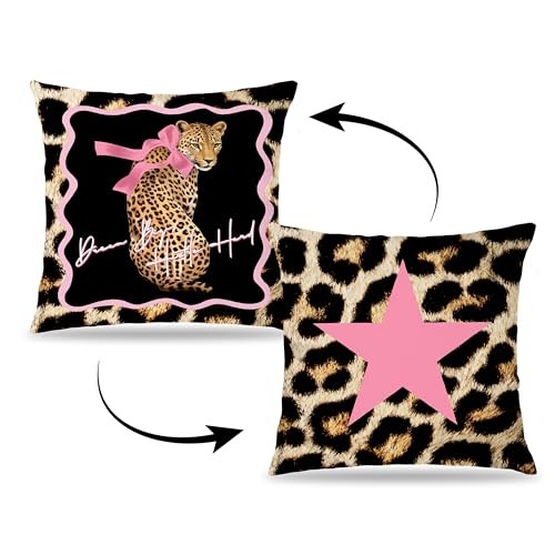 Coquette Preppy Pink Bow Leopard Star Pillow Covers 18x18Double Pink Lleopard
