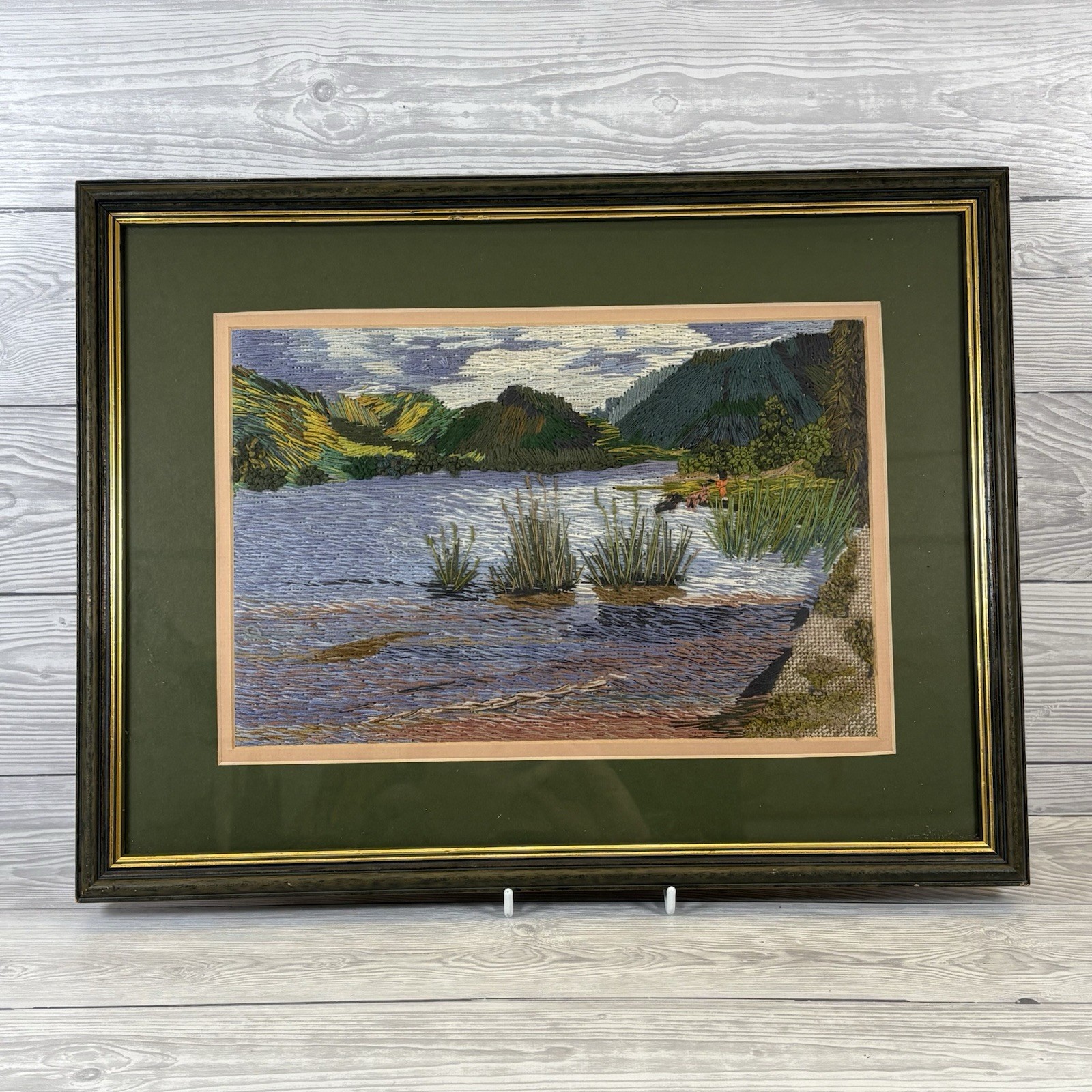 Vintage 1980s Framed Embroidered Lake Landscape Textile Art