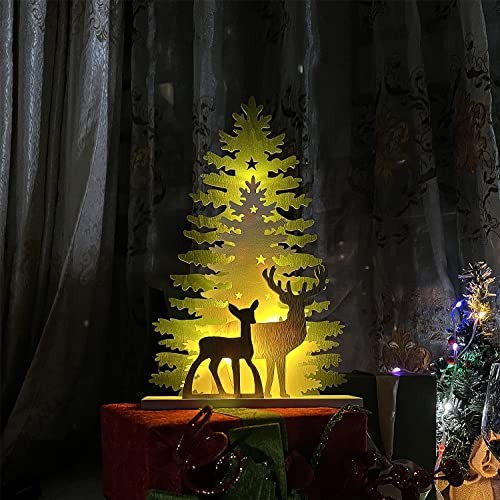 Lighted Christmas Tabletop Decorations,,Wooden Christmas Tree and Deer Table 