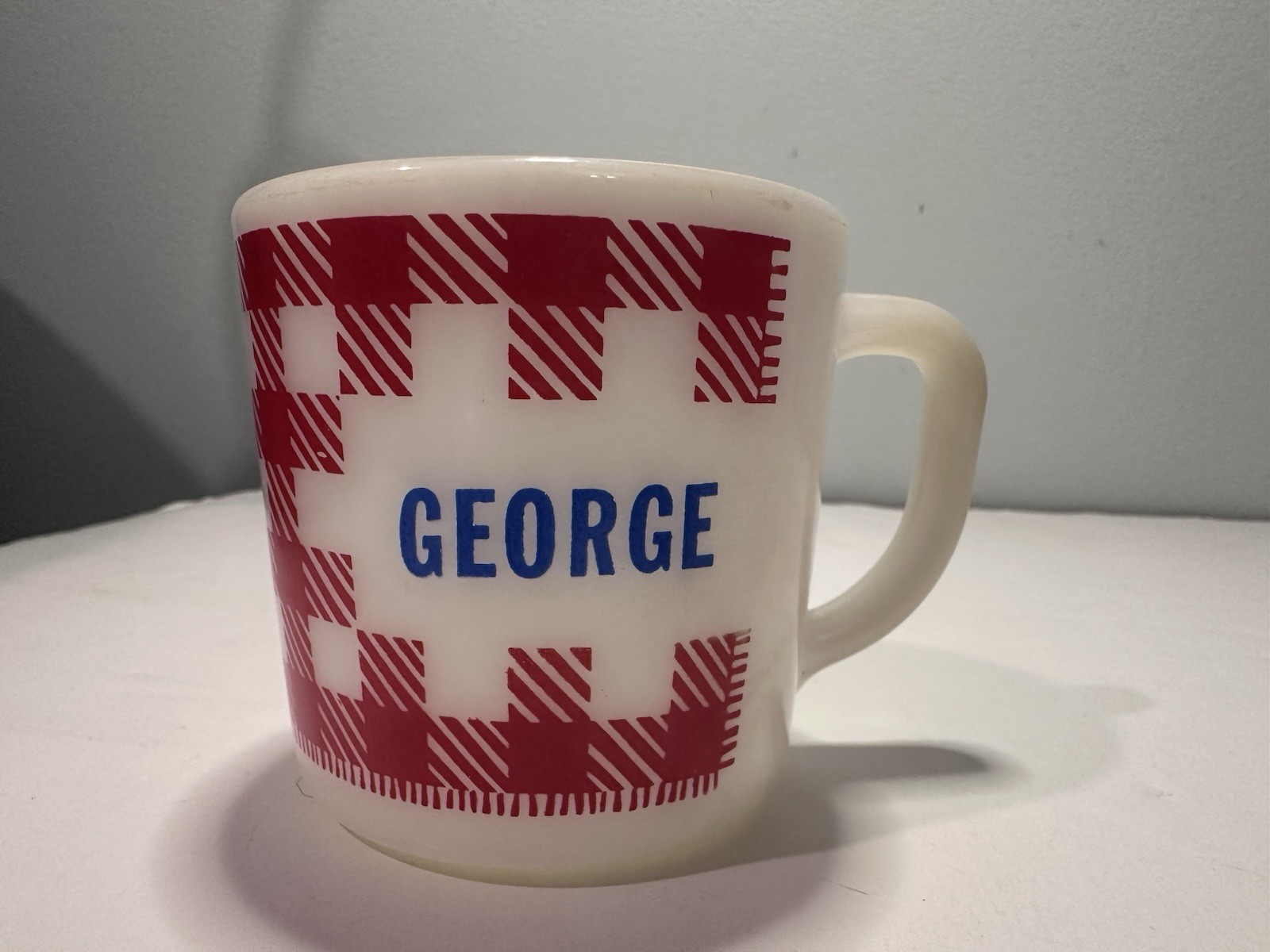 VTG Westfield Federal Milk Glass NAME GEORGE Mug Red White Plaid Gingham Cup Mug