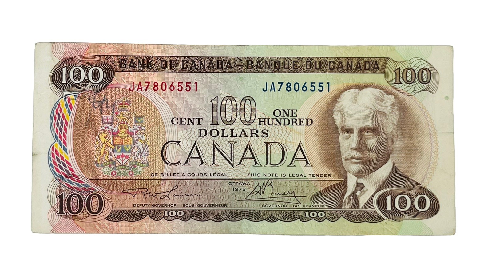 1975 Bank of Canada $100 Banknote  Lawson Bouey 2 letters  BC-52a JA7806551