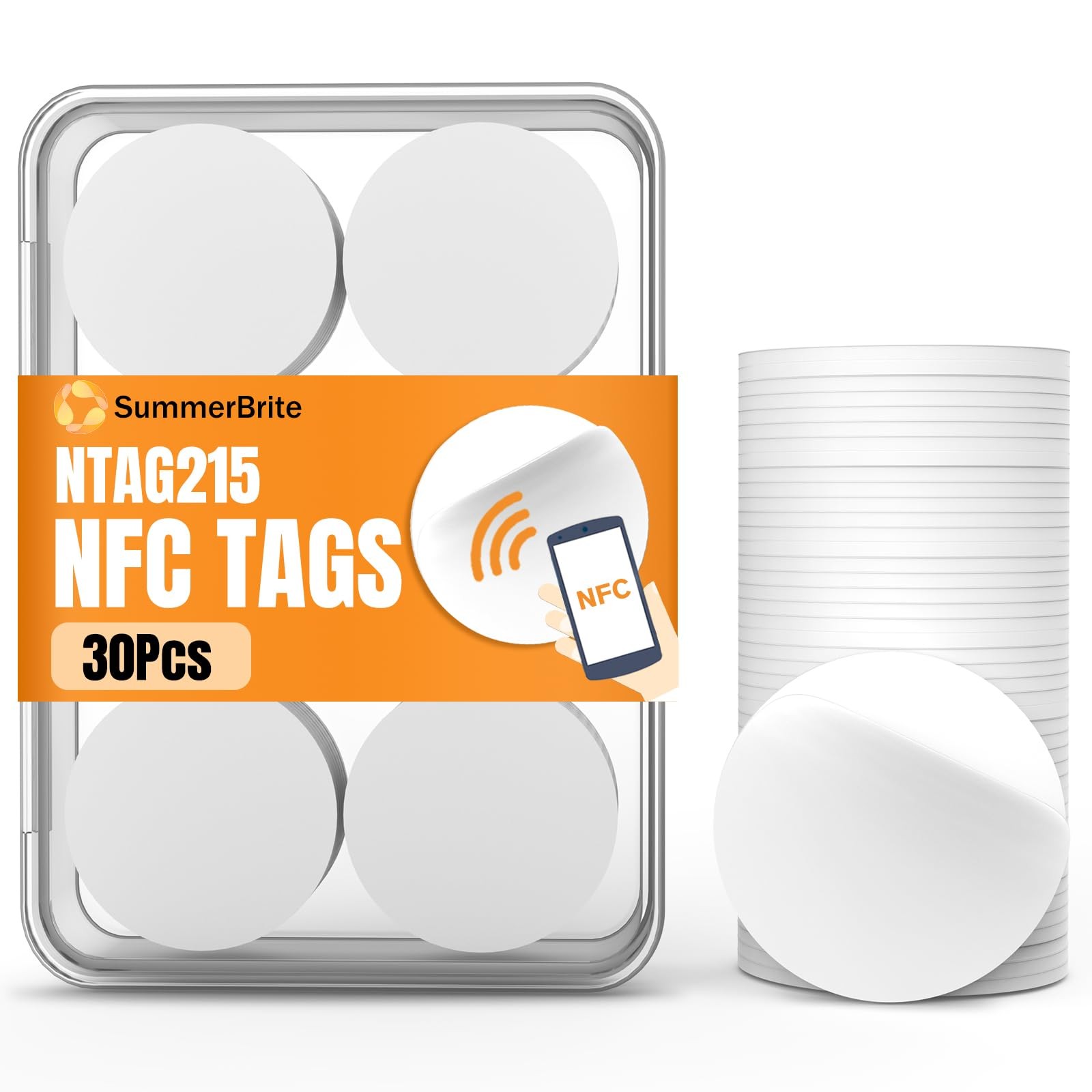 30 Pcs NFC Tags NTAG215 Blank Cards Stickers, Rewritable 30 Pcs, White 