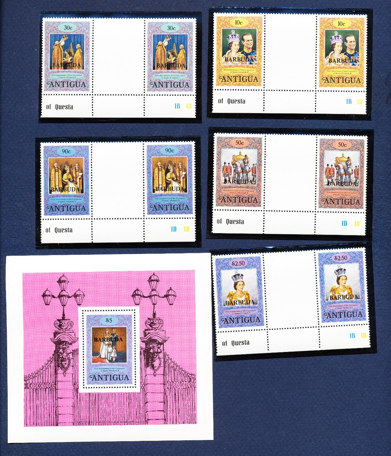26 - BARBUDA - Scott 349-354 - MNH S/S & Gutter Pairs  - QEII Coronation - 1978