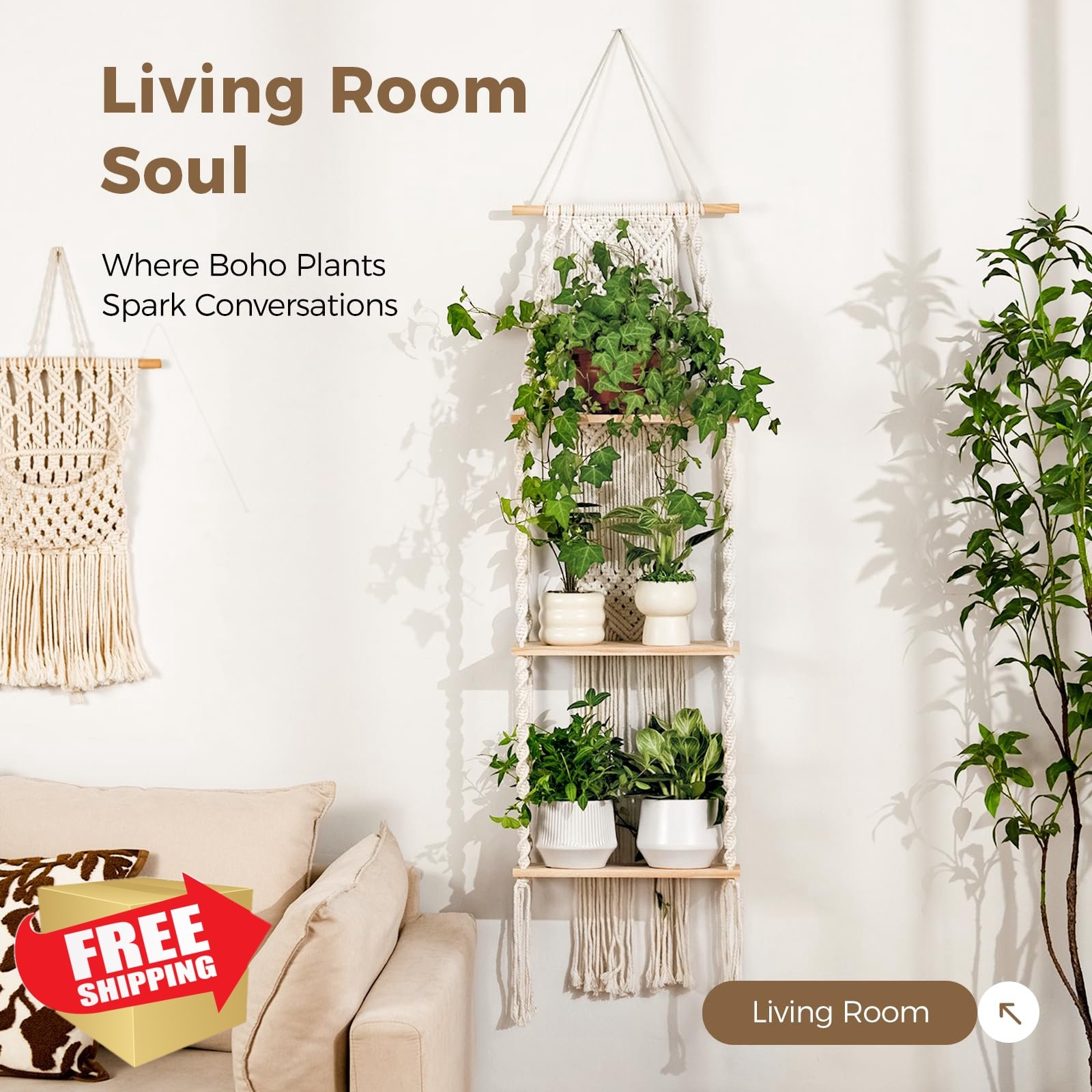 Bamworld Plant Wall Shelf 3 Tier Macrame Hanging Boho Decor