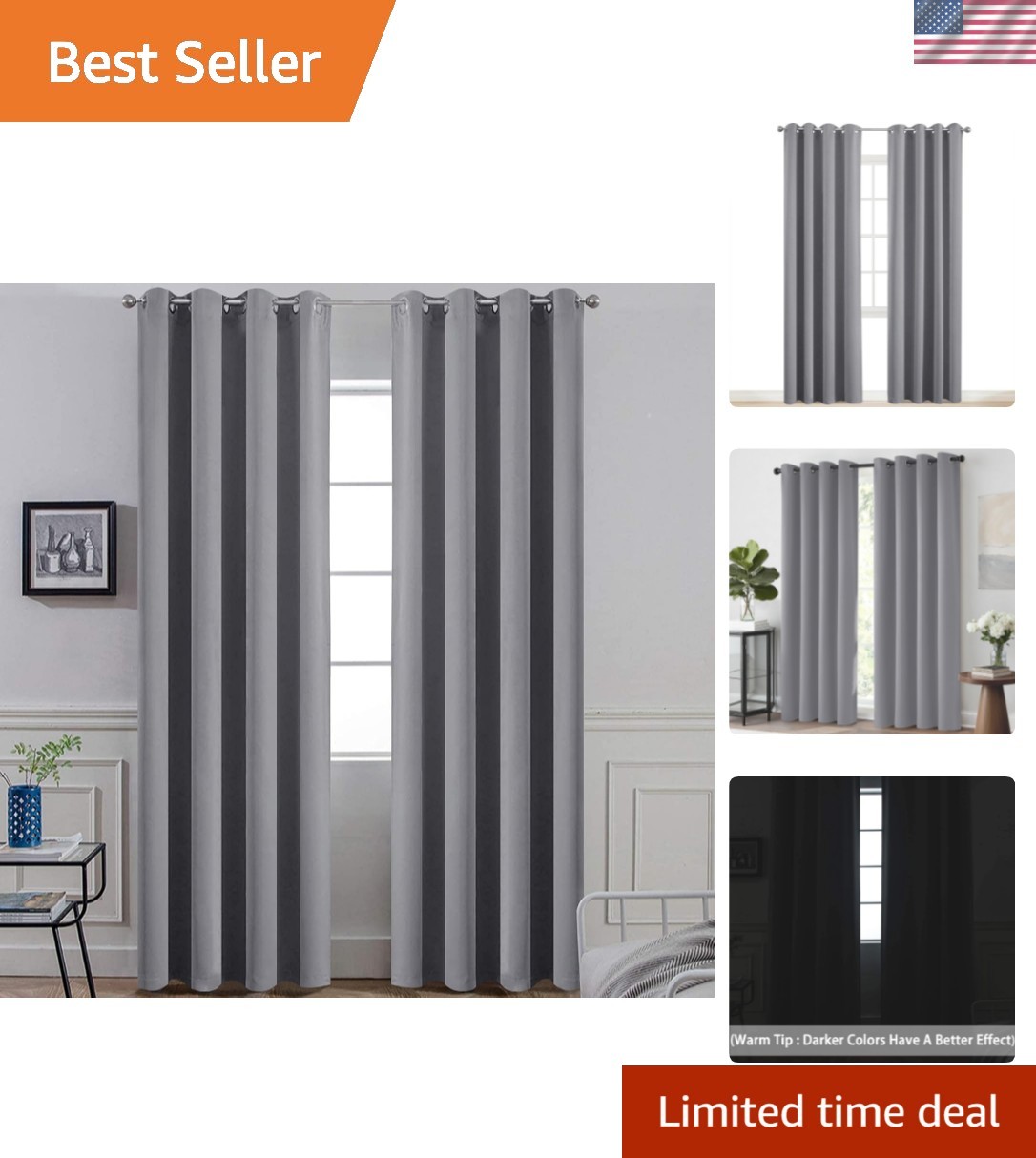 Room Darkening Gray Blackout Curtains 84 Inch Long Light Blocking Thermal Ins...