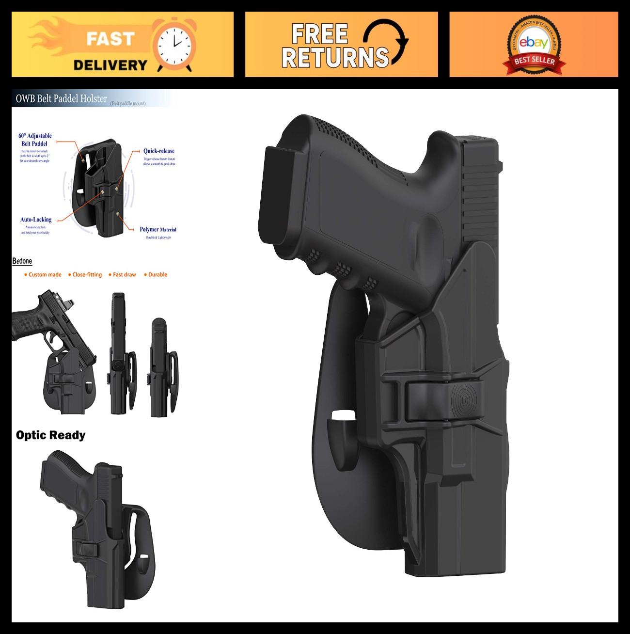 OWB Paddle Holster for Glock 19 19X 23 32 44 45 - Adjustable Cant, Open Carry, R