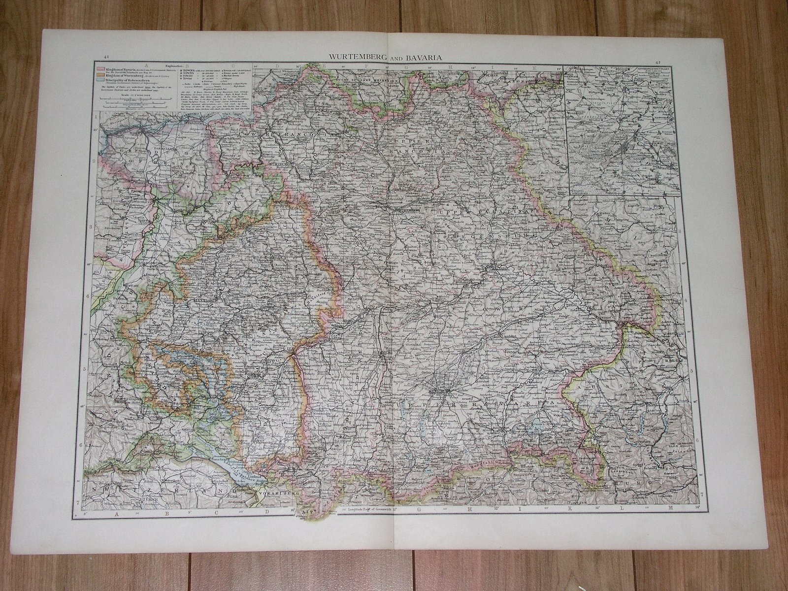 1896 ORIGINAL ANTIQUE MAP OF BAVARIA BAYERN WÜRTTEMBERG MUNICH STUTTGART GERMANY