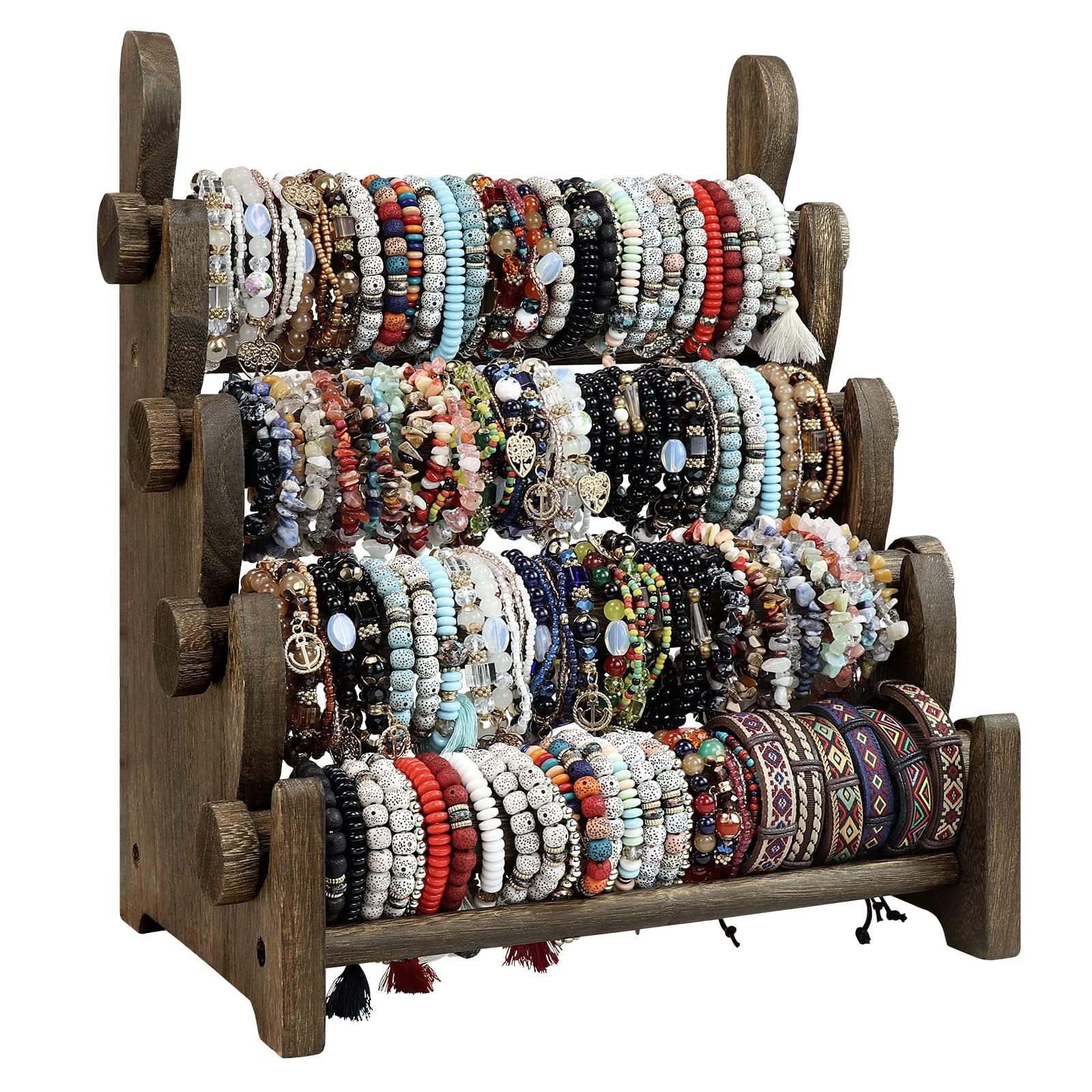 4 Tier Wooden Bracelet Holder, Scrunchie Bangle Watch Necklace Display Storag...