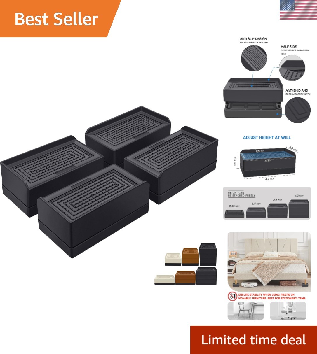 Heavy-Duty 1.5-Inch Furniture Lifting Risers with Non-Slip Stability for Safety