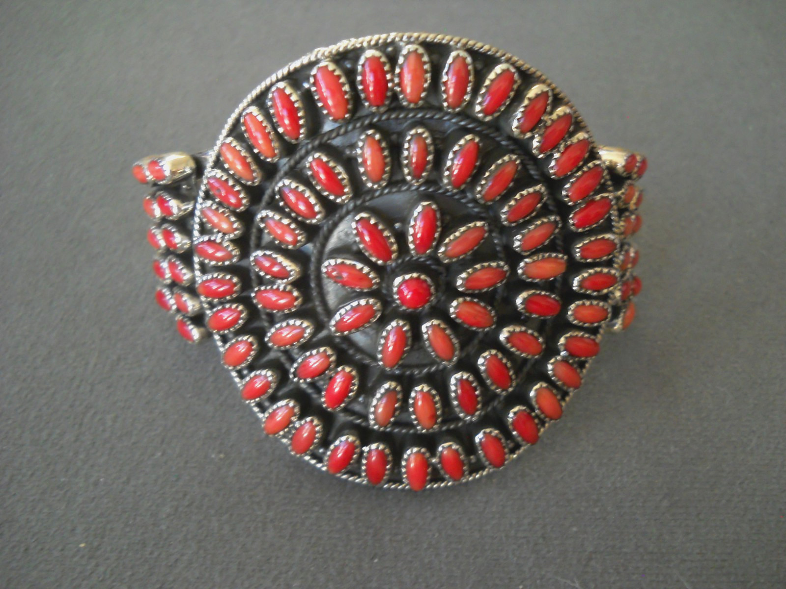 Southwestern Native American Coral Rosette Cluster Sterling Silver Cuff Bracelet