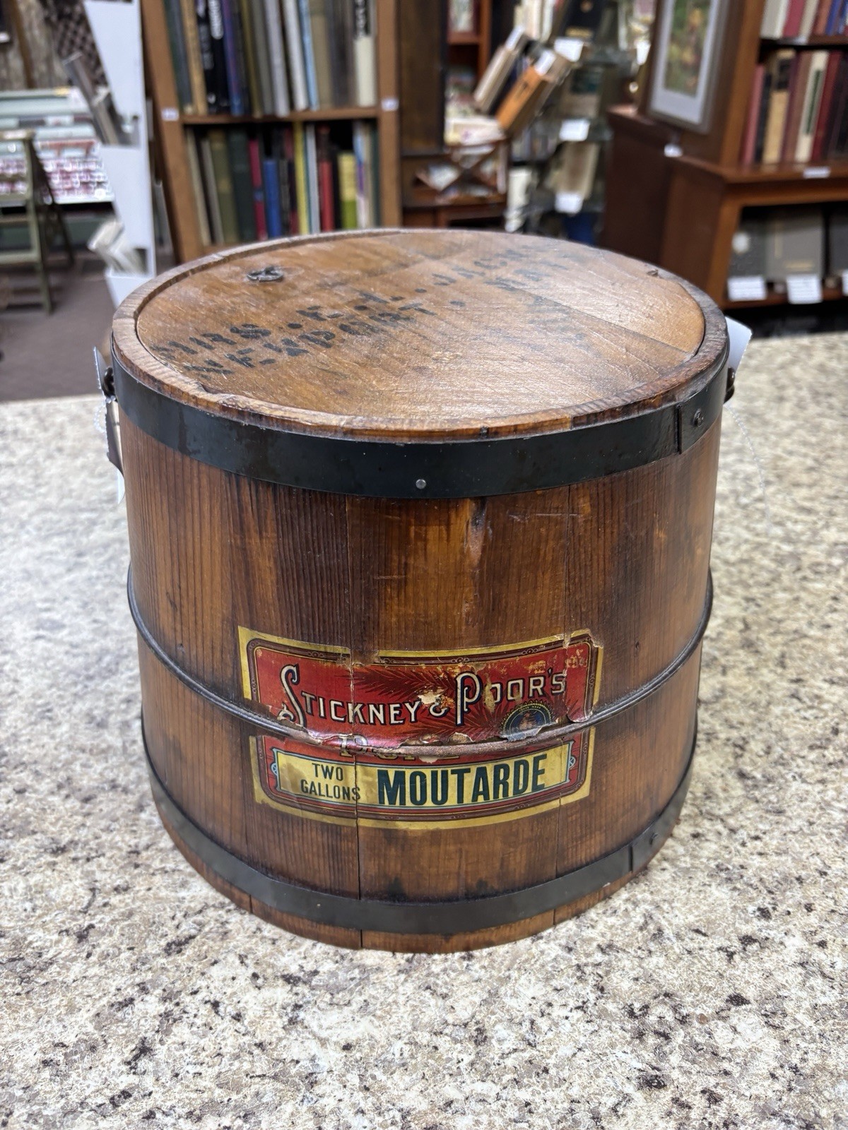 Antique Stikney & Poors Wooden mustard Firkin Bucket with Wooden Lid & handle.