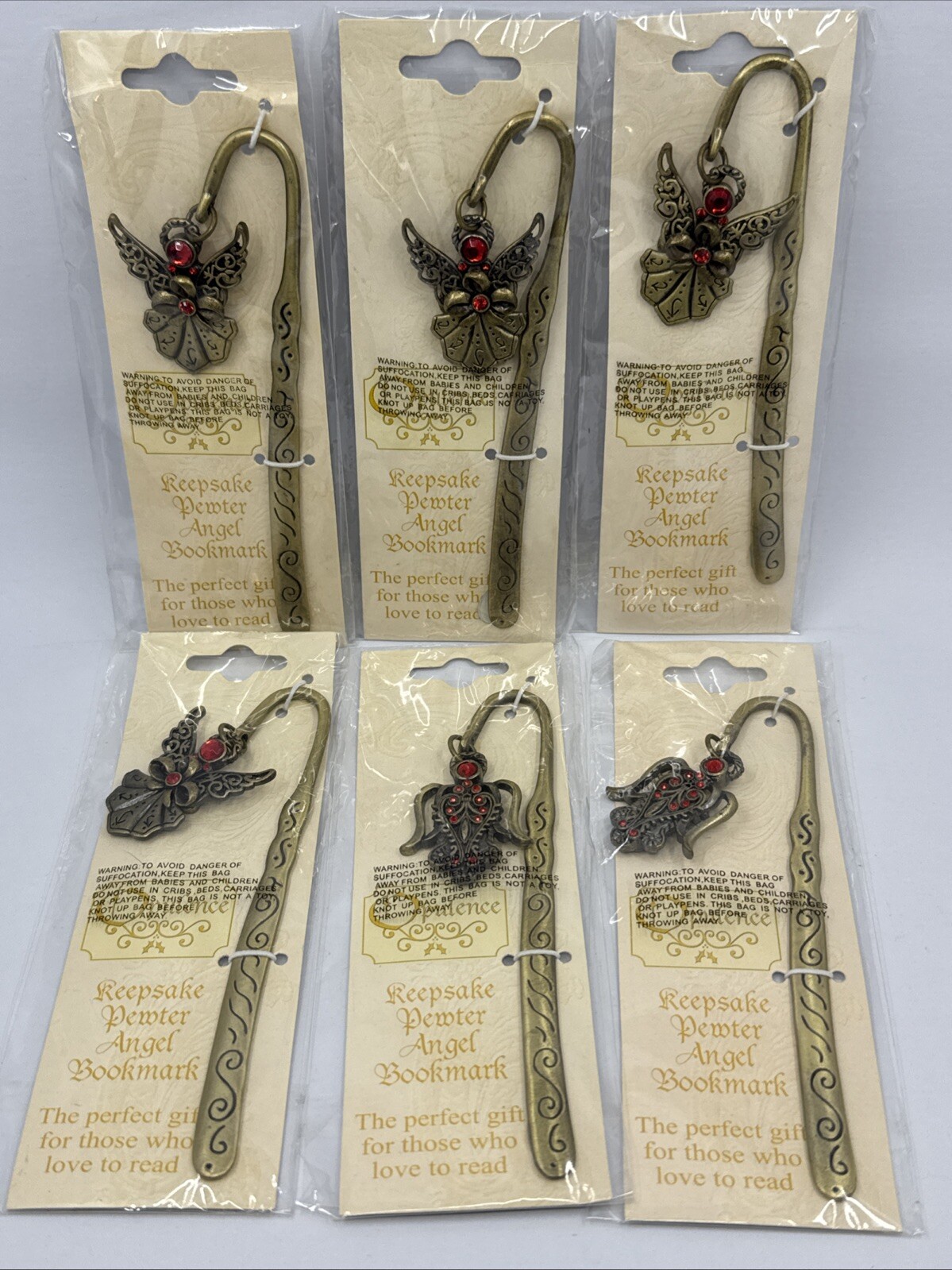 Lot 6 Keepsake Pewter Angel Bookmark Brass Gold Color Red Jewel NEW Gifts!