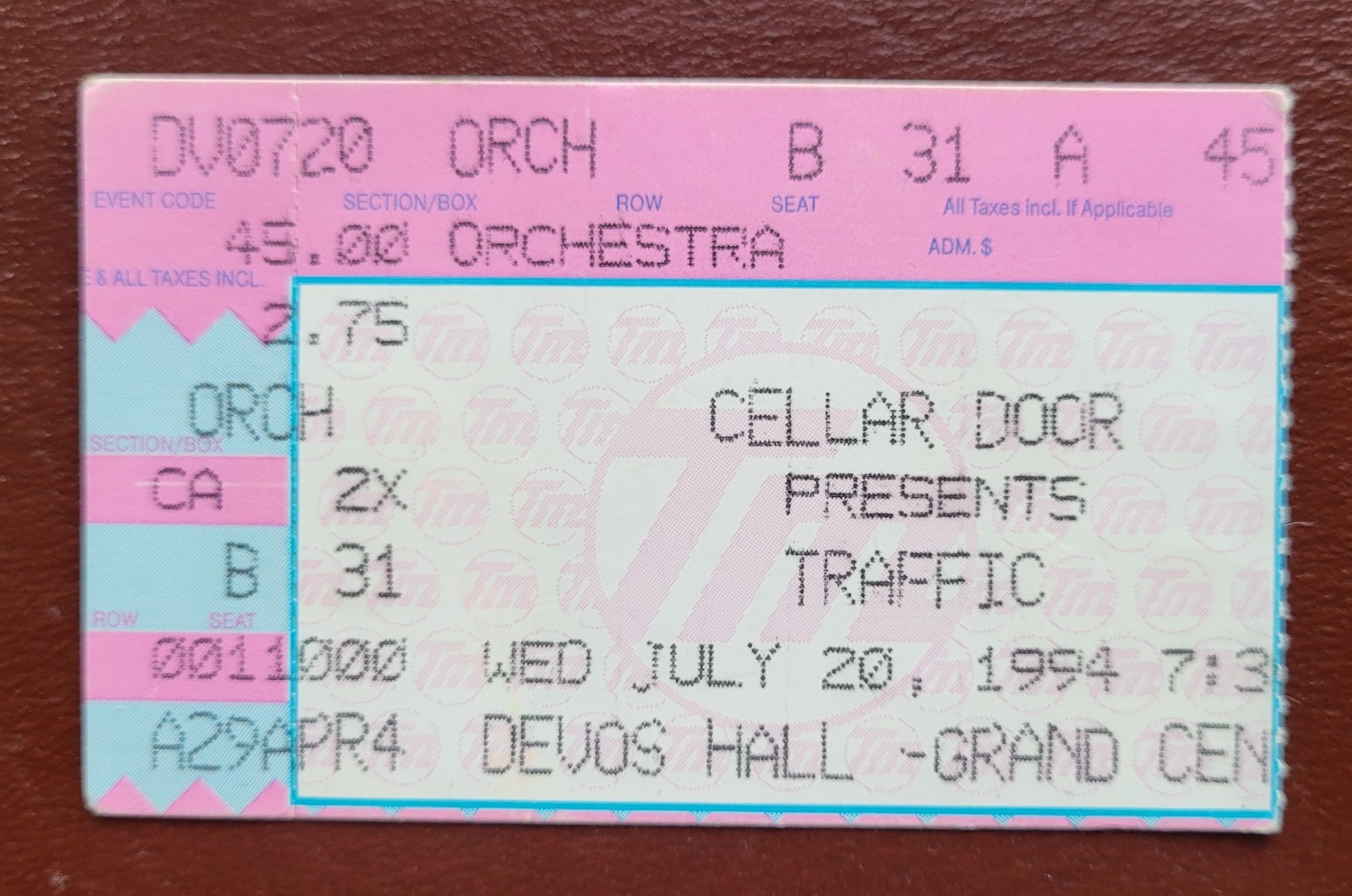Traffic Concert Ticket Stub 1994 - Devos Hall, Grand Rapids MI