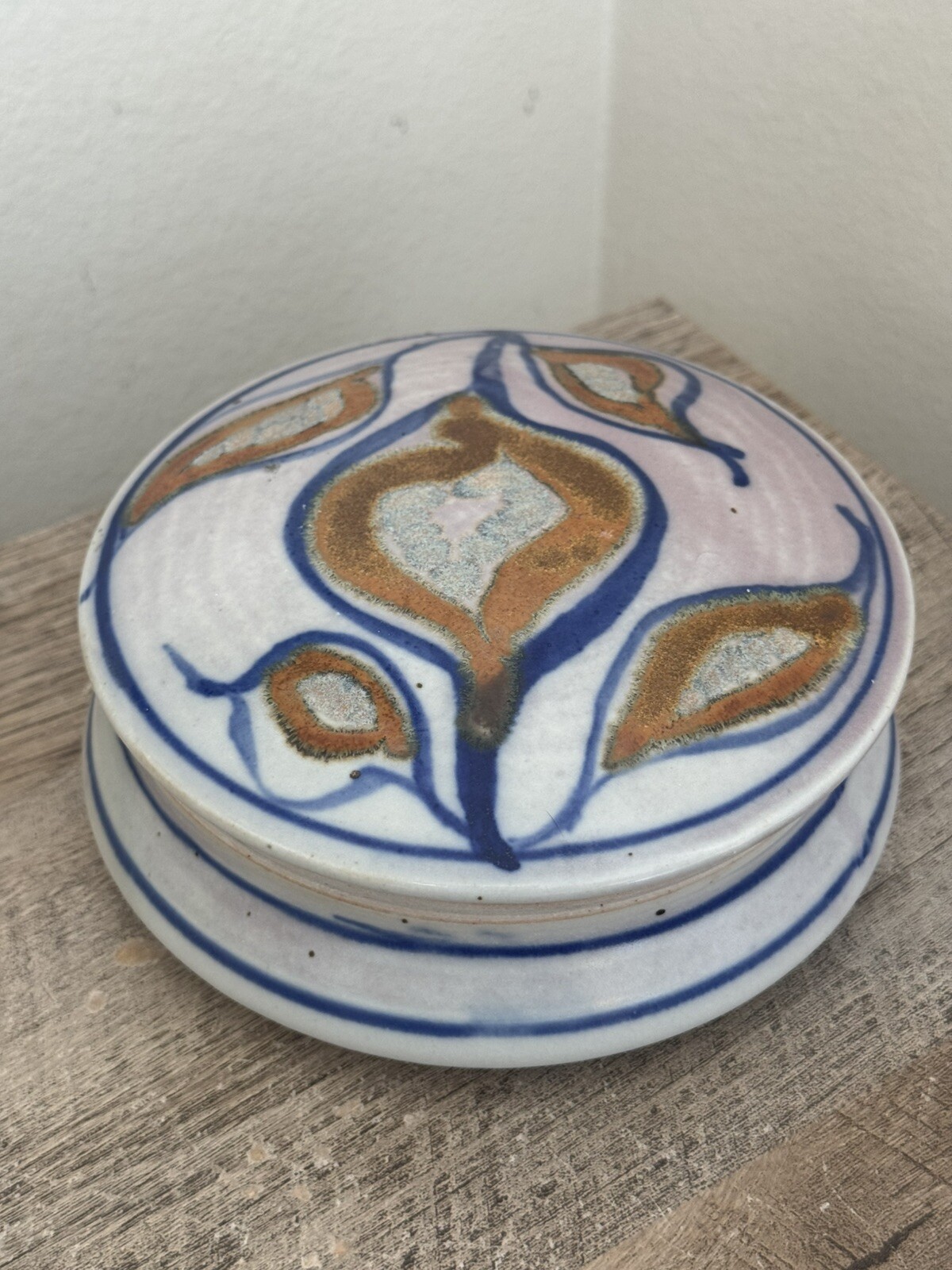 Studio Pottery Trinket Round Box Lid Beige Orange Blue Leaves Signed