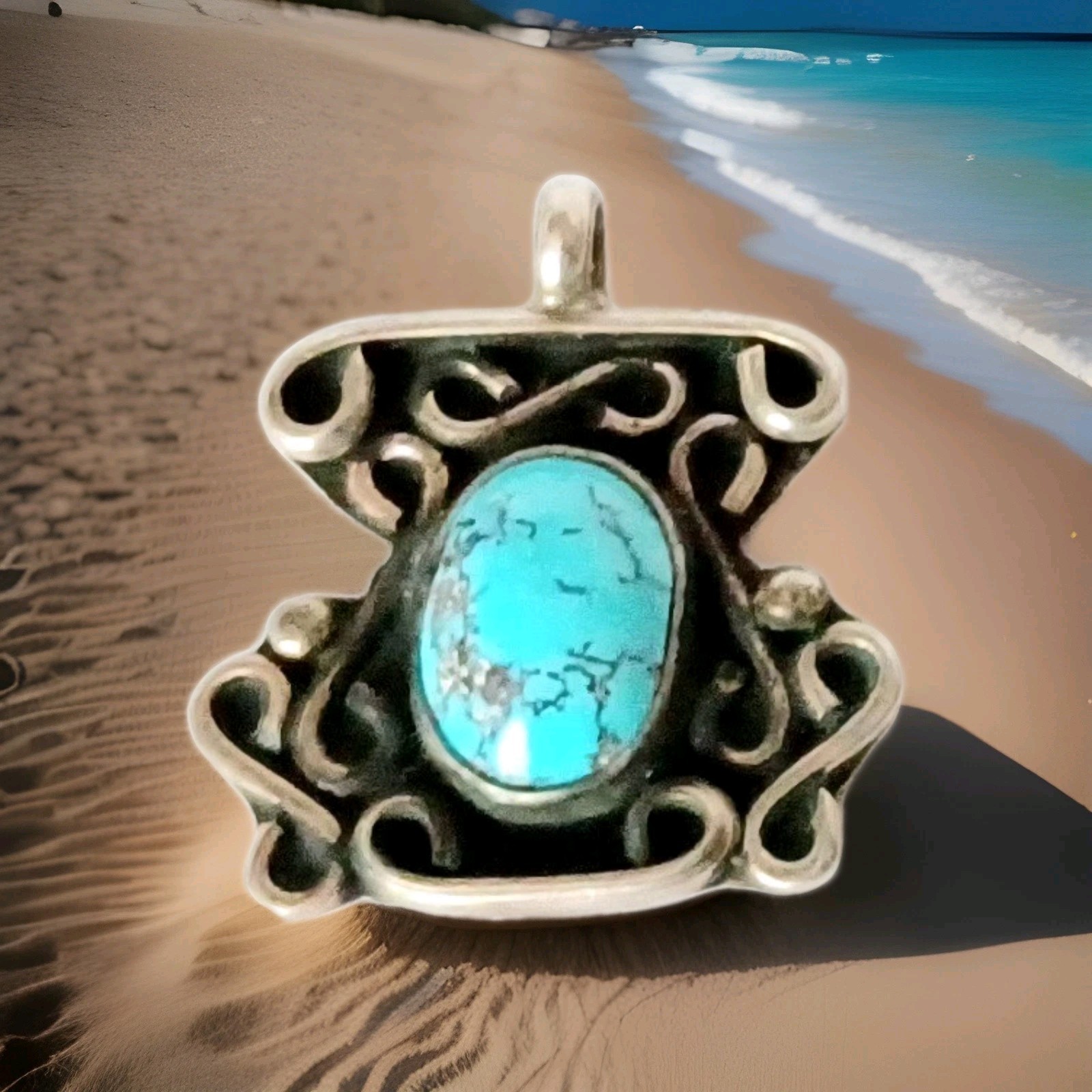 Vintage NATIVE ? American STERLING Silver TURQUOISE Scroll PENDANT