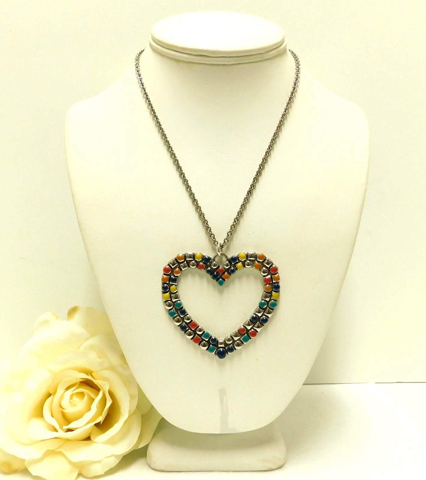 OPEN HEART SOUTHWESTERN MULTICOLOR ENAMEL PENDANT NECKLACE  24"