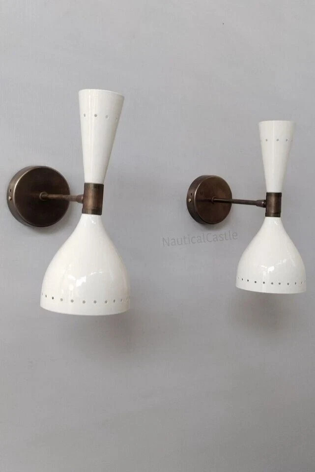 1950's Brass Italian Diabolo Wall Sconce Light -Fixture 2 Bulb Pair Home Decor