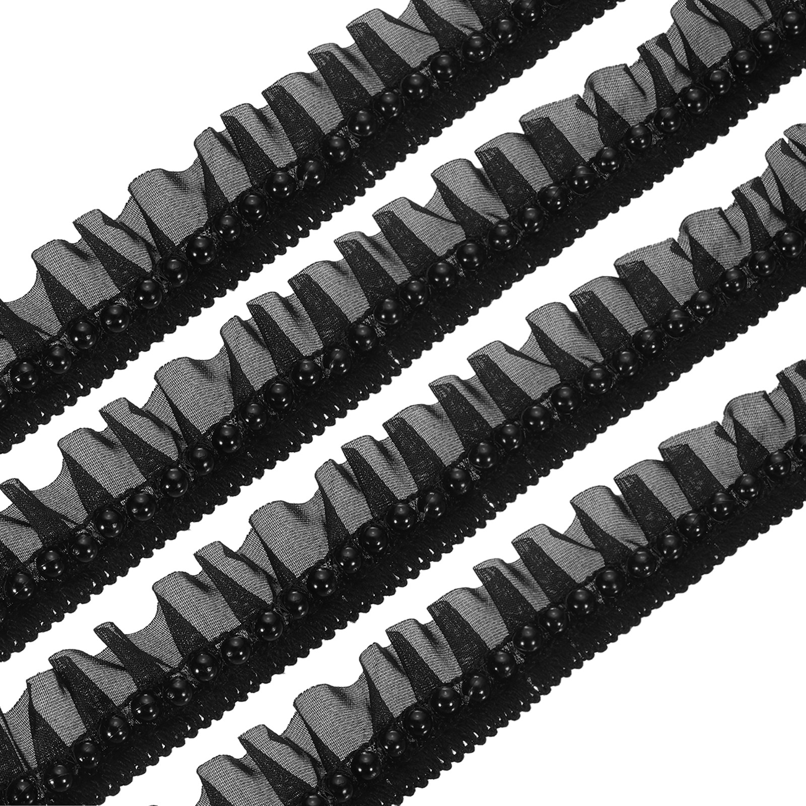 Pleated Lace Ruffle Trim Ribbon, 5 Yards 1.2" Wide, Black Veil with Black Beads