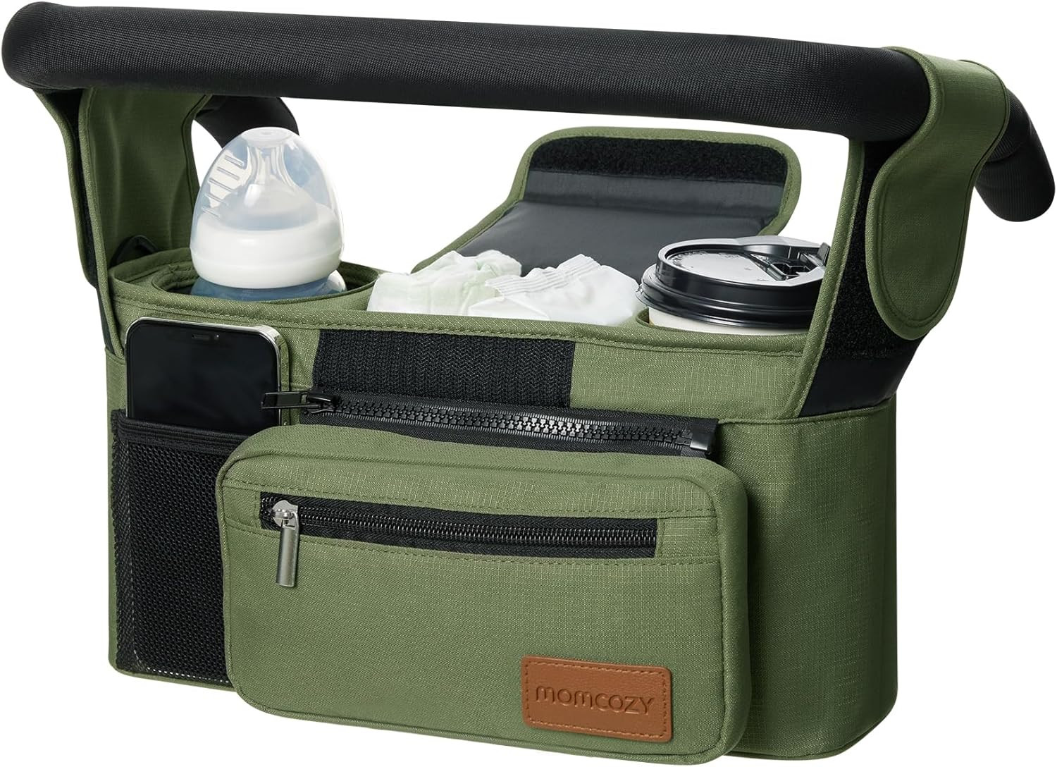 Universal Baby Stroller Organizer, 2 Insulated Cup Holder, Detachable Zippered P