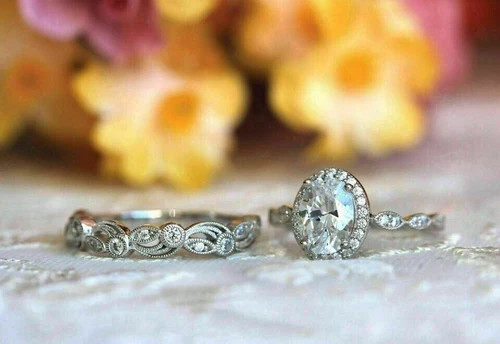 Elegant Oval Cut Lab Created Diamond 14K White Gold FN Engagement Ring Set