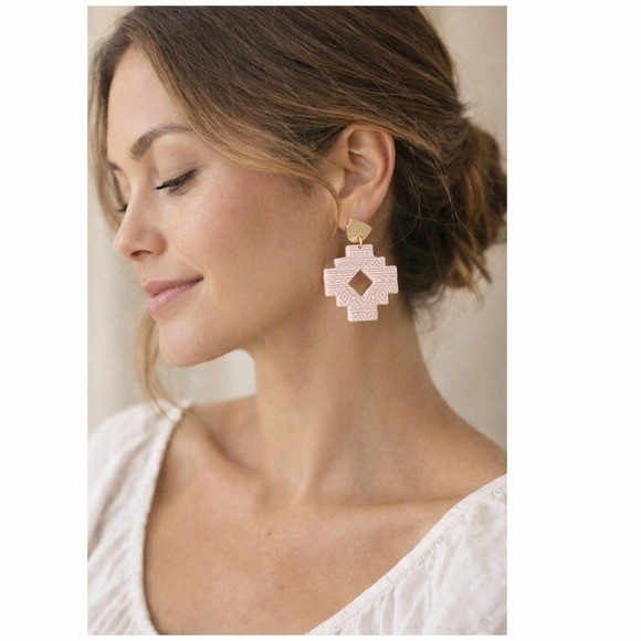 Blush Pink Aztec Geometric Drop Earrings | Boho Statement Jewelry