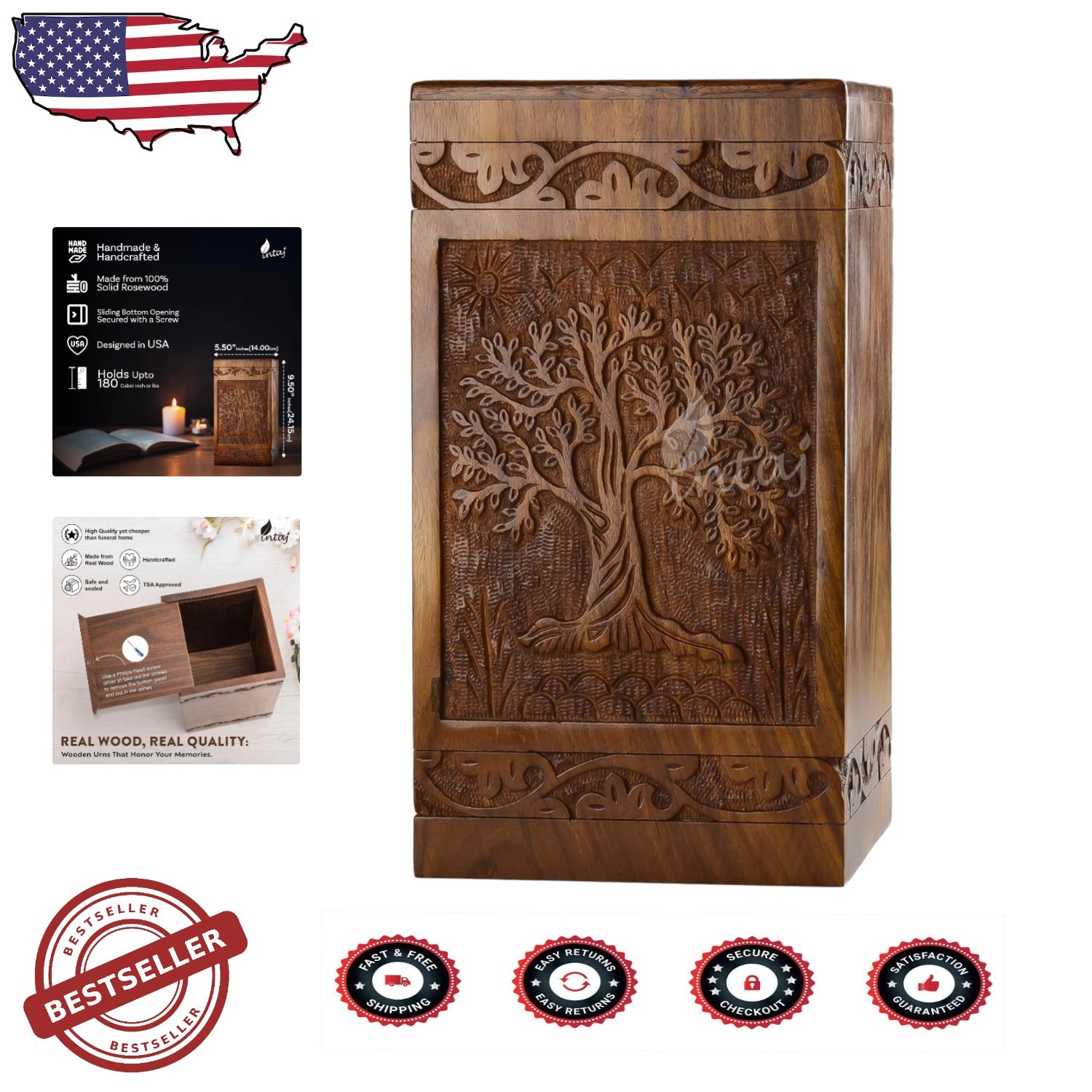 Rosewood Cremation Urn - Large 180ci Human Ashes Box - Natural Beeswax Finish