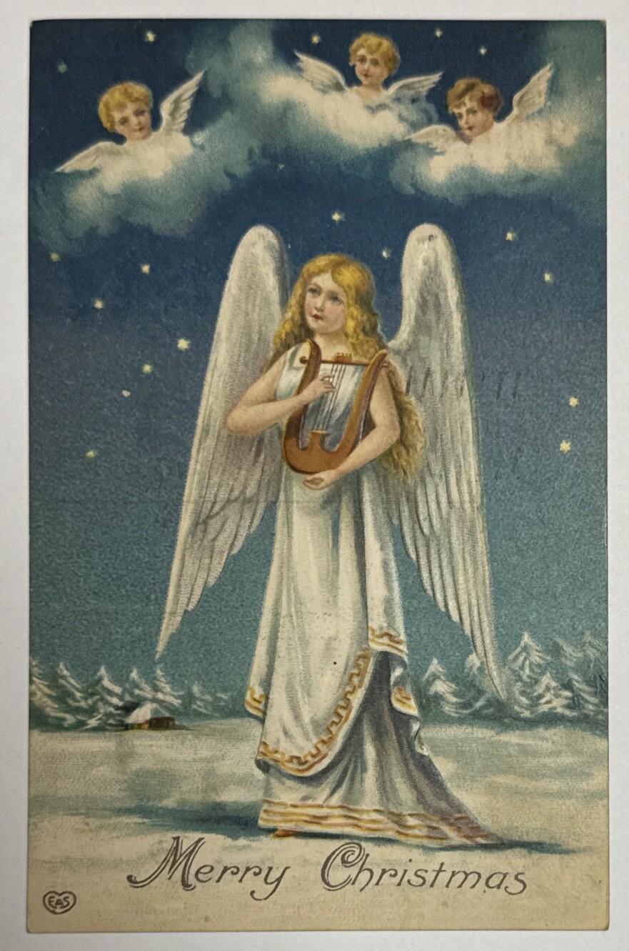 Merry Christmas Angel Harp Cherubs In Clouds Night Stars Early 1900s Postcard