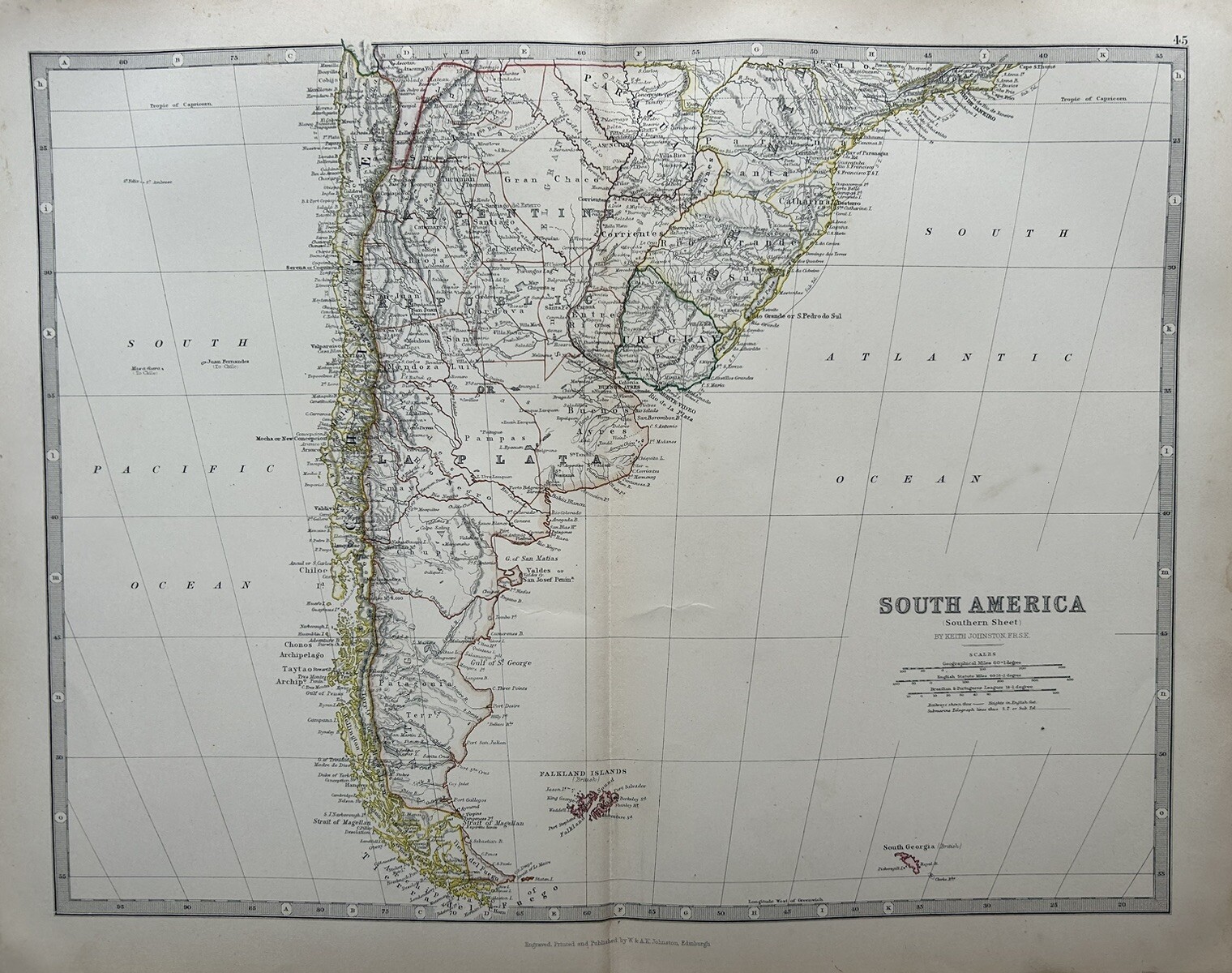 1884 Chile & Argentina Hand Coloured Original Antique Map by Johnston