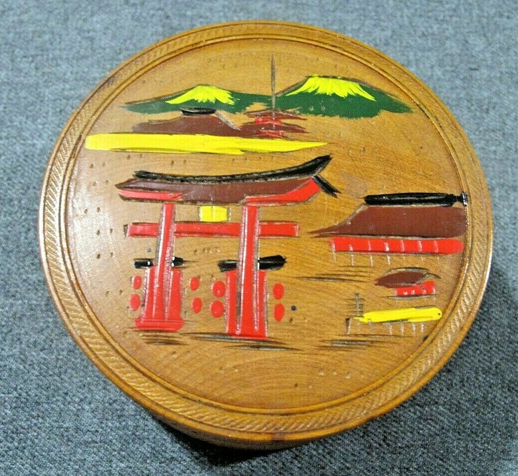 Vintage carved & painted wooden jewelry box Made in Japan