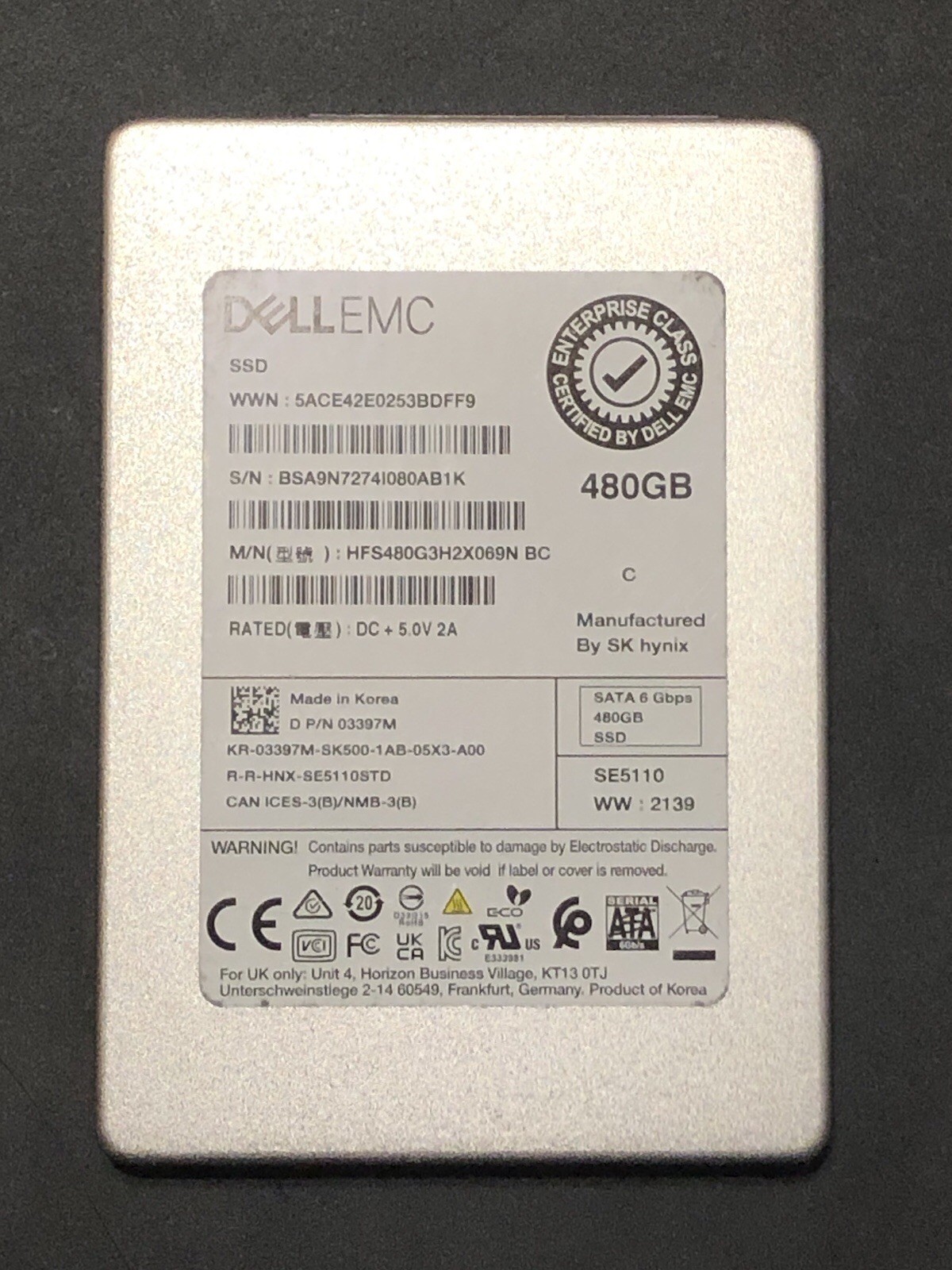 3397M DELL HYNIX 480GB 6G SATA 2.5" SSD SOLID STATE HFS480G3H2X069N