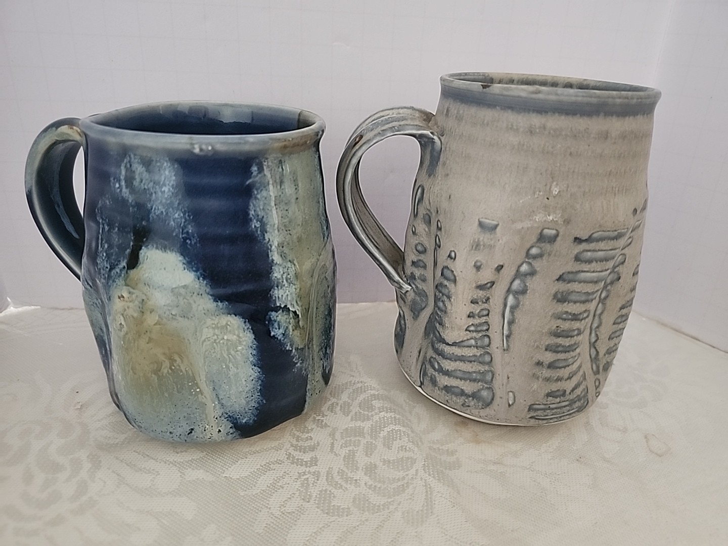 2 Studio Art Pottery Drip Glaze Stoneware Coffee Mug Blue Cream Signed  