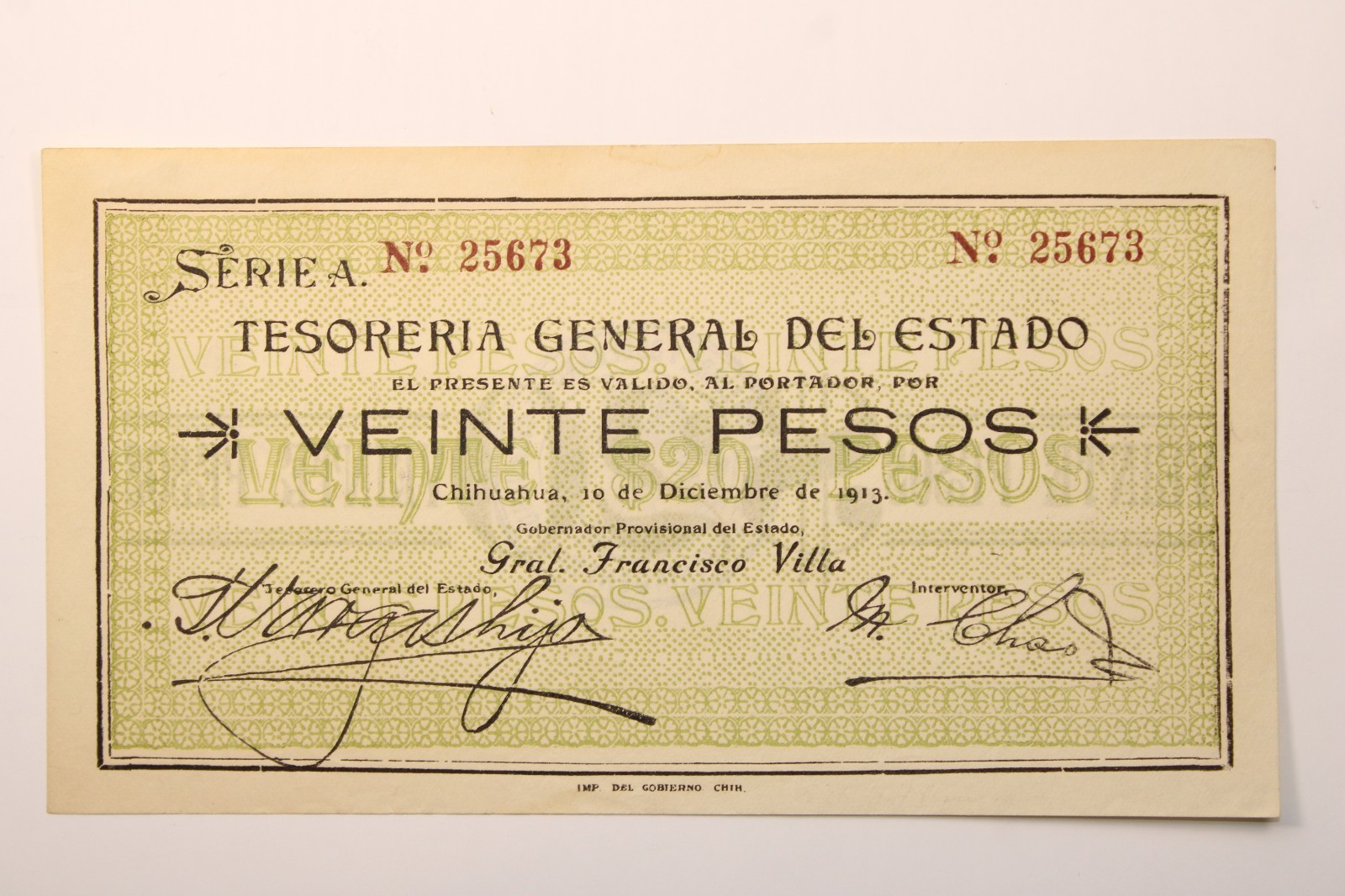 Mexico,20 Pesos, Tesoreria ., 12-10-1913,Series A, S/N 25673 ,S-556 ,XF/AU #0406