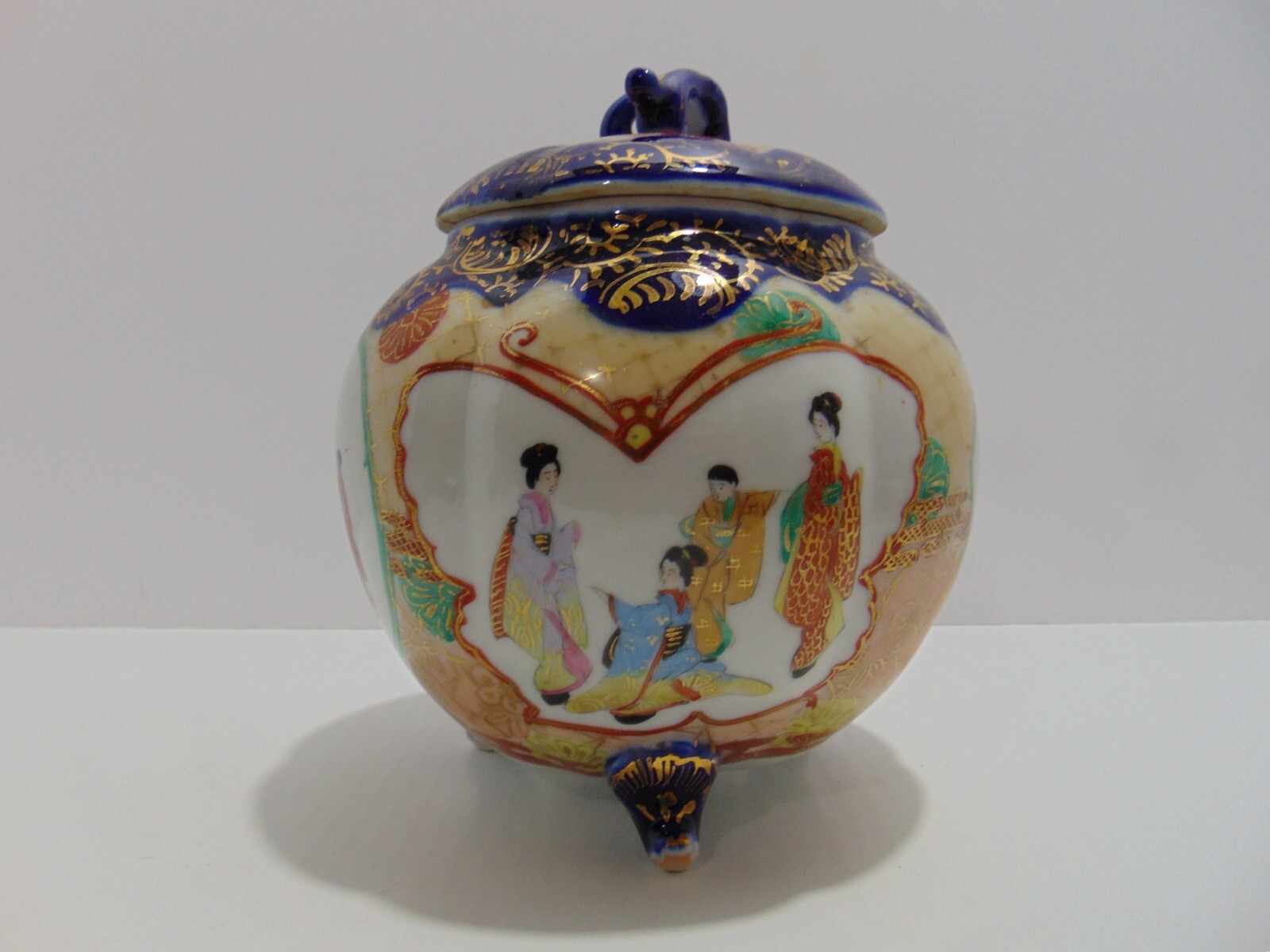 Japanese Footed Porcelain Jar Cobalt Blue Geisha's Hand Painted Damaged Lid