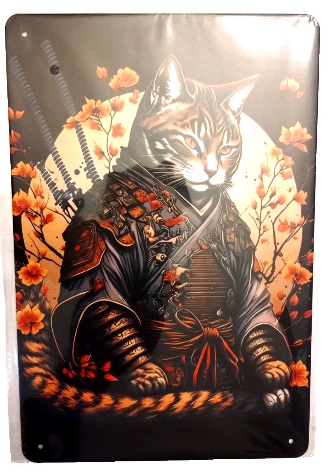 Cat Japanese Samurai Warrior Alternative Fantasy Imagination Metal Wall Sign.