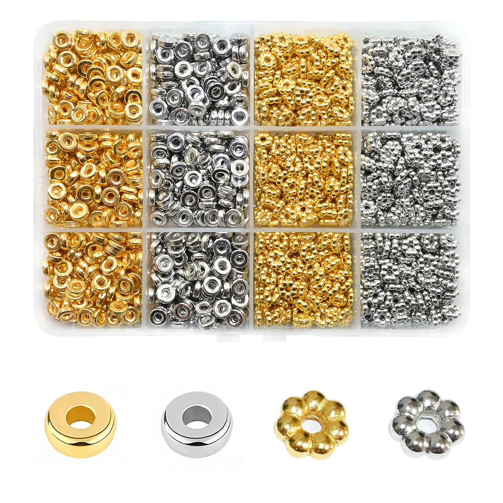 Looconi 1500pcs 6mm Silver and Gold (diameter), 4mm (hole), Ring&Flower 